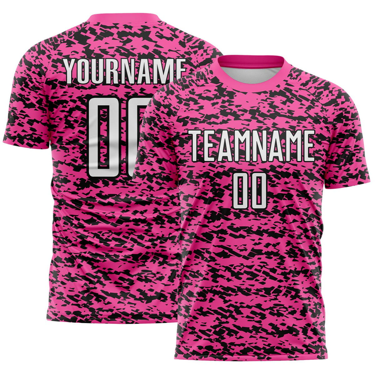 Custom Pink White-Black Geometric Fragment Splatter Sublimation Soccer Uniform Jersey