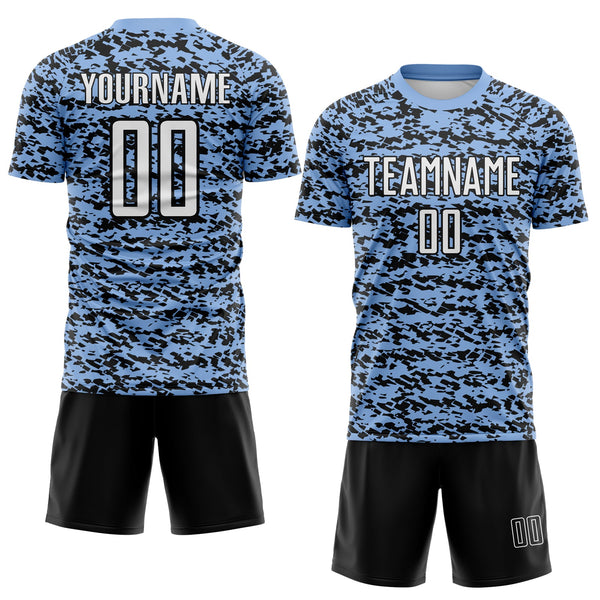 Custom Light Blue-Black Geometric Fragment Splatter Sublimation Soccer Uniform Jersey alternate
