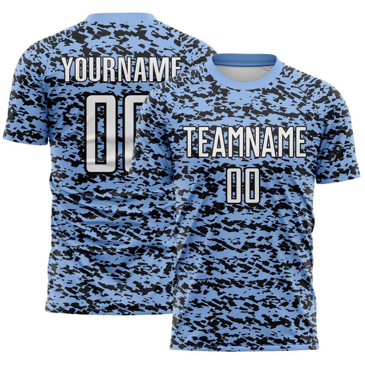 Custom Light Blue-Black Geometric Fragment Splatter Sublimation Soccer Uniform Jersey