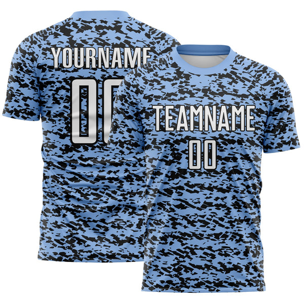 Custom Light Blue-Black Geometric Fragment Splatter Sublimation Soccer Uniform Jersey