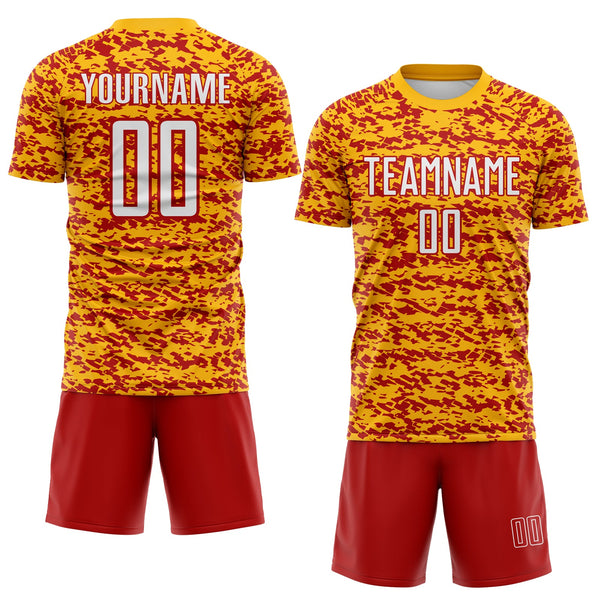 Custom Gold White-Red Geometric Fragment Splatter Sublimation Soccer Uniform Jersey alternate