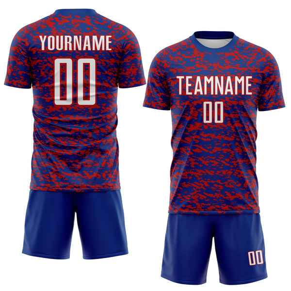 Custom Royal White-Red Geometric Fragment Splatter Sublimation Soccer Uniform Jersey alternate