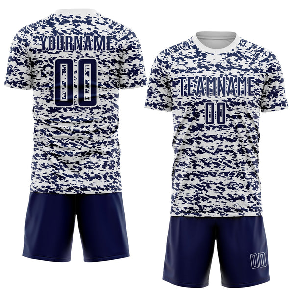Custom White-Navy Geometric Fragment Splatter Sublimation Soccer Uniform Jersey alternate