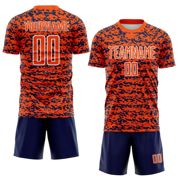 Custom Orange Navy-White Geometric Fragment Splatter Sublimation Soccer Uniform Jersey alternate