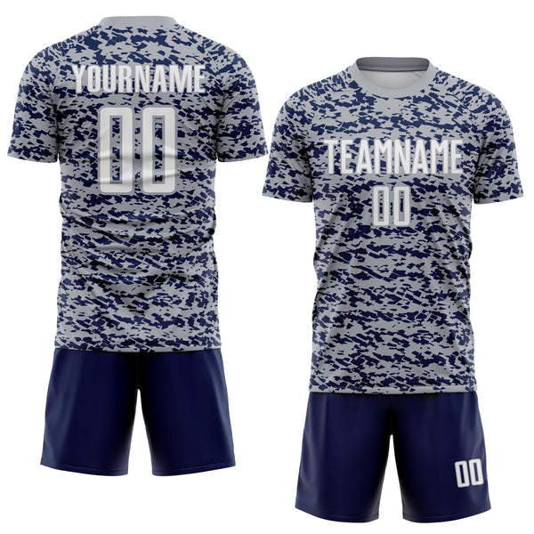 Custom Gray White-Navy Geometric Fragment Splatter Sublimation Soccer Uniform Jersey alternate