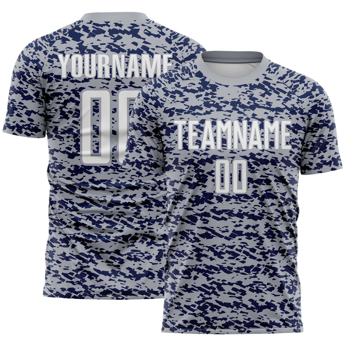 Custom Gray White-Navy Geometric Fragment Splatter Sublimation Soccer Uniform Jersey