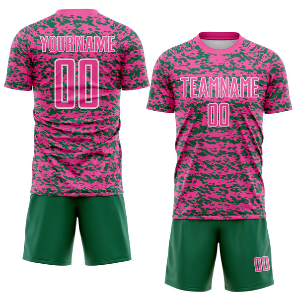 Custom Pink Kelly Green-White Geometric Fragment Splatter Sublimation Soccer Uniform Jersey alternate