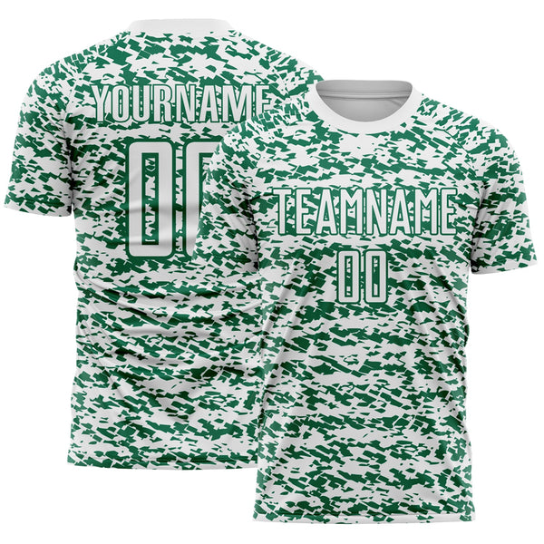 Custom White-Kelly Green Geometric Fragment Splatter Sublimation Soccer Uniform Jersey