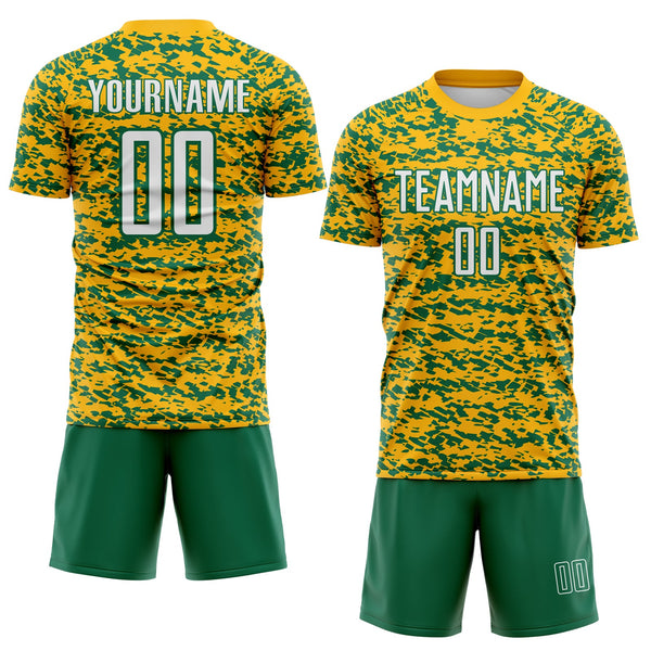 Custom Gold White-Kelly Green Geometric Fragment Splatter Sublimation Soccer Uniform Jersey alternate