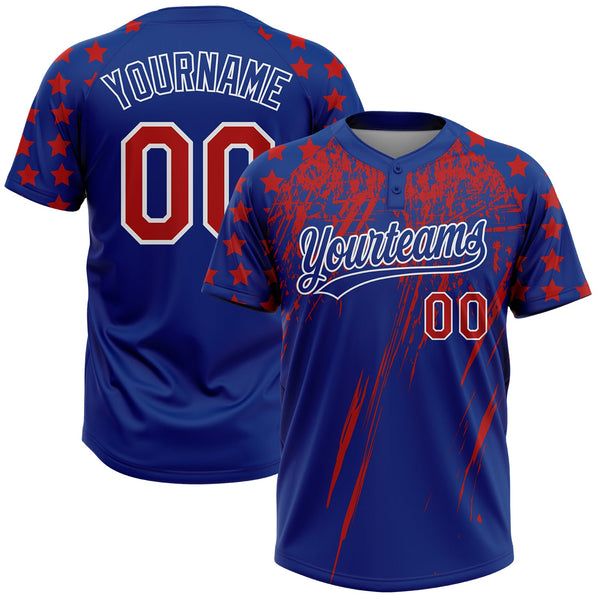 Custom Royal Red-White Distressed Scratch Brush Stroke Star Raglan Sleeves Two-Button Unisex Softball Jersey