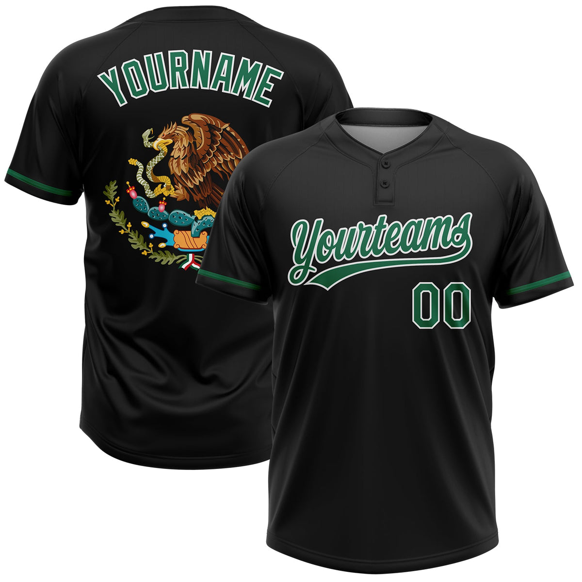 Custom Black Kelly Green-White Mexico Two-Button Unisex Softball Jersey