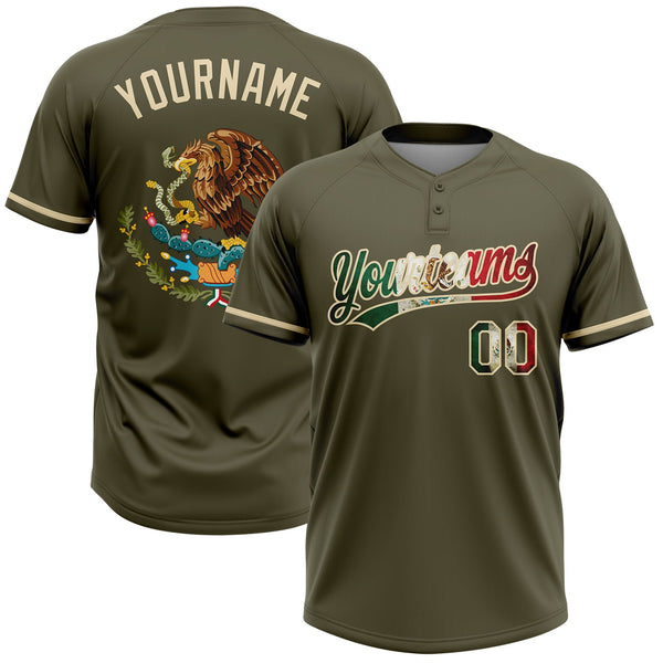 Custom Olive Vintage Mexican Flag-Cream Mexico Performance Salute To Service Two-Button Unisex Softball Jersey