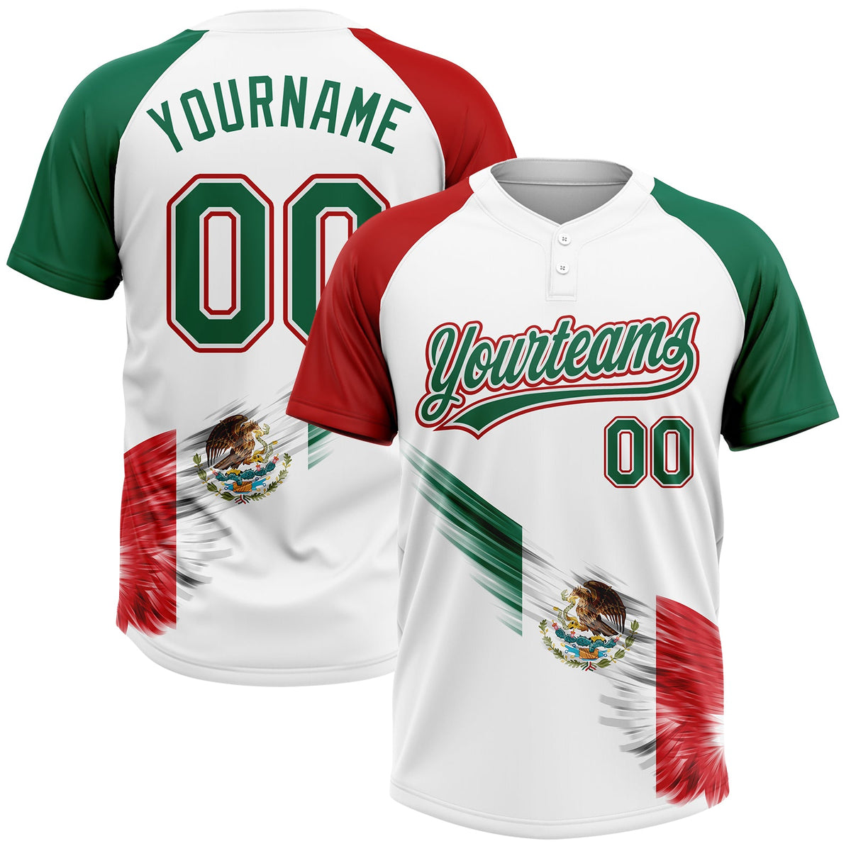 Custom White Kelly Green-Red The Abstract Wing With Mexican Flag Two-Button Unisex Softball Jersey