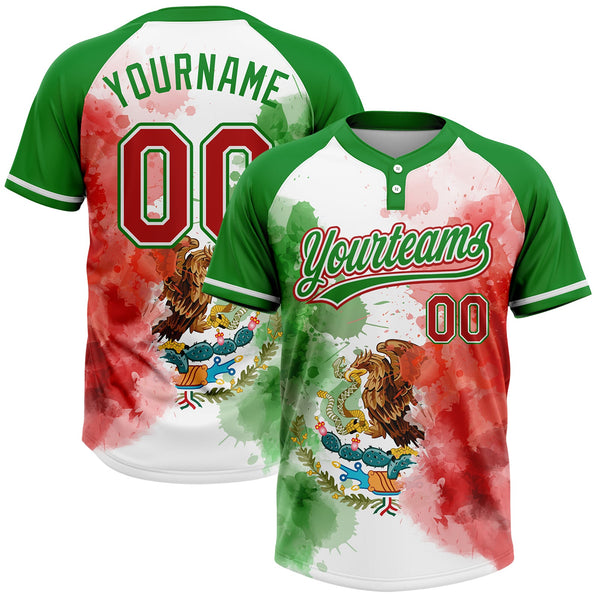 Custom Grass Green Red-White Mexico Two-Button Unisex Softball Jersey