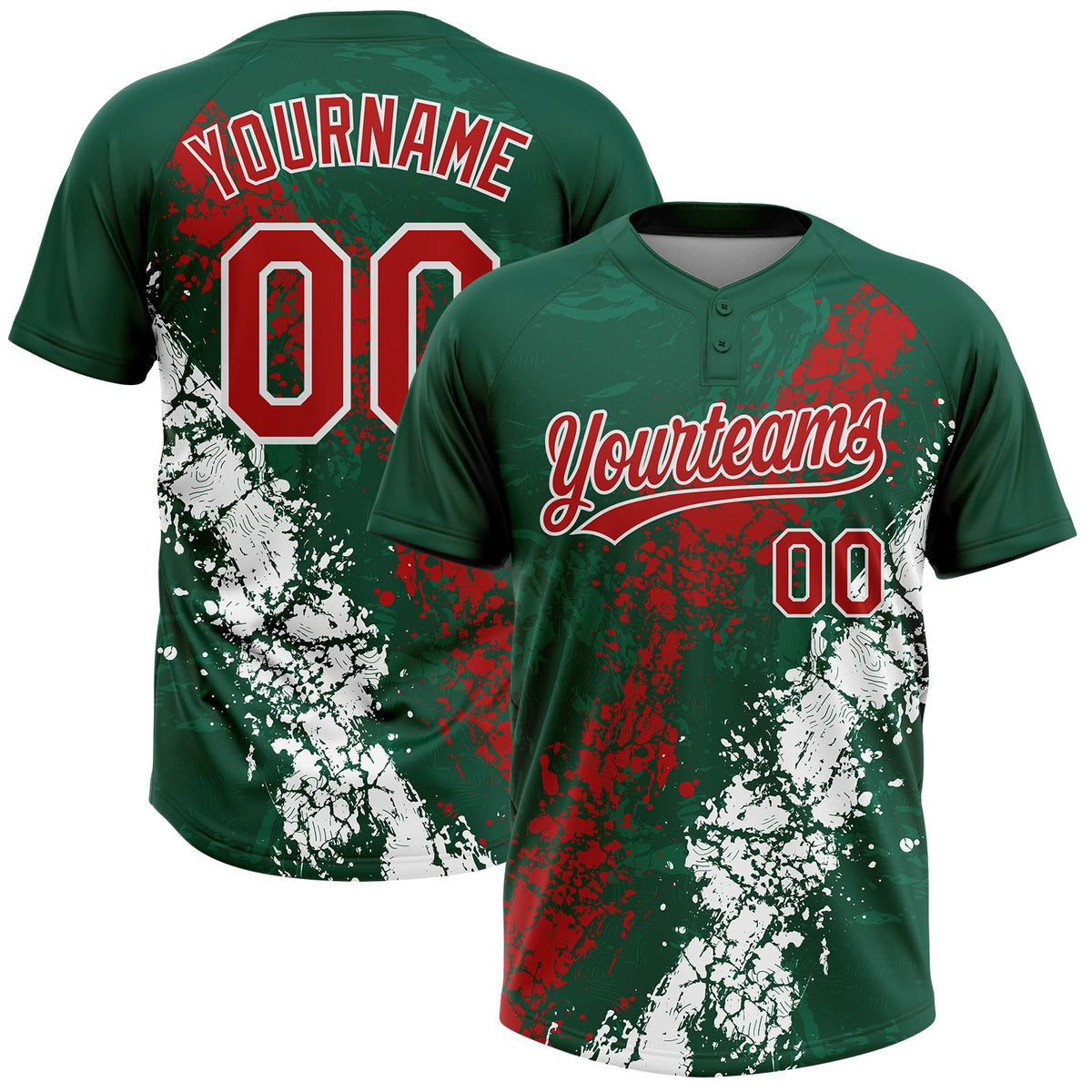 Custom Kelly Green Red-White Mexico Dripping Splatter Cracked Texture Two-Button Unisex Softball Jersey