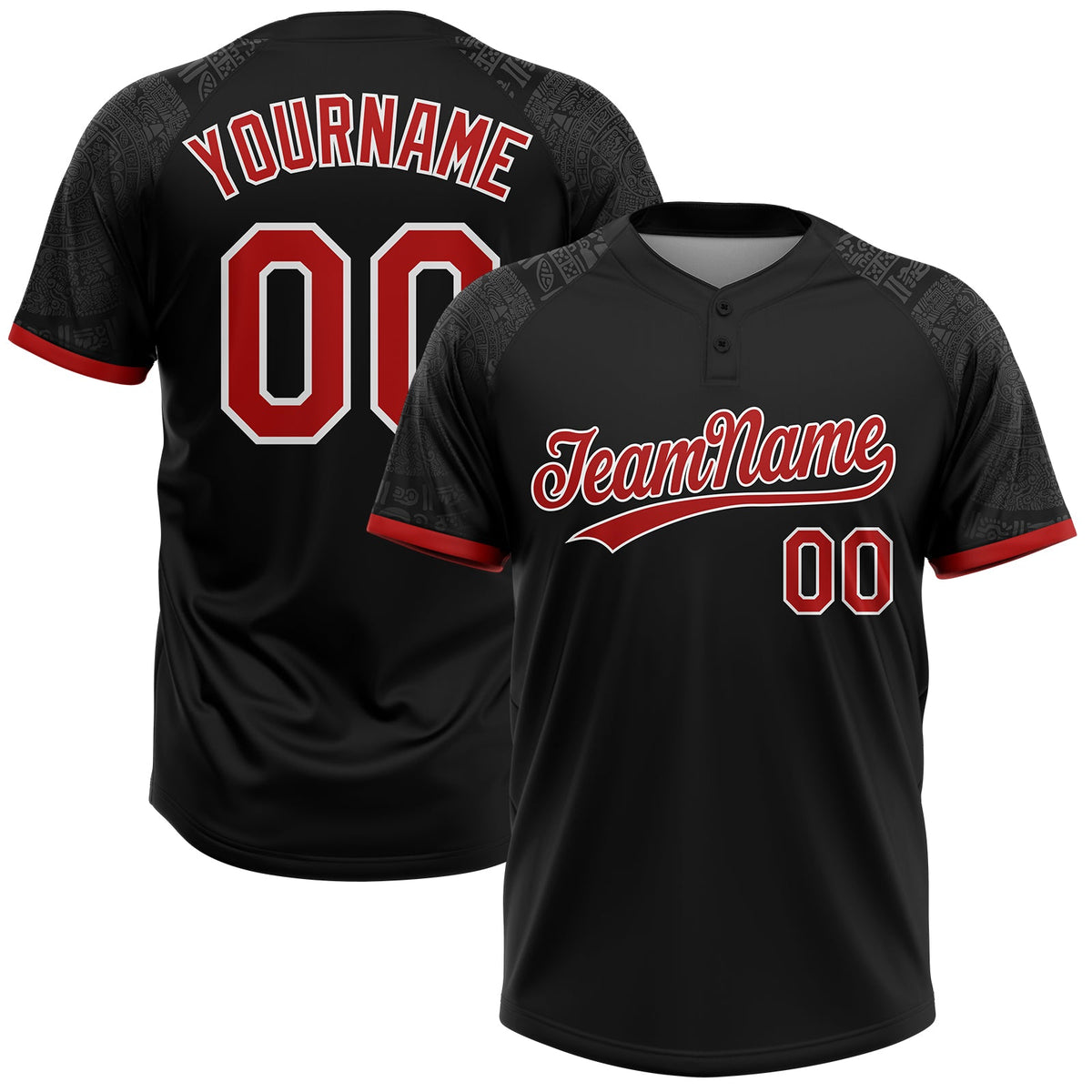 Custom Black Red-White Ethnic Aztec Mexican Heritage Two-Button Unisex Softball Jersey