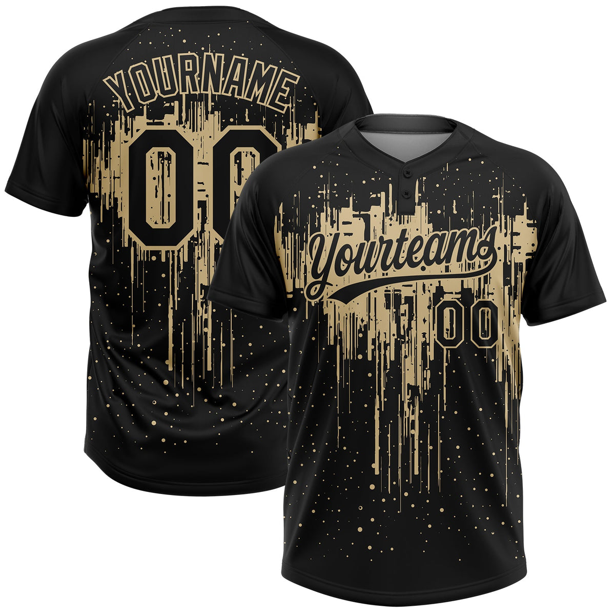 Custom Black Vegas Gold Dripping Splatter Paint Two-Button Unisex Softball Jersey