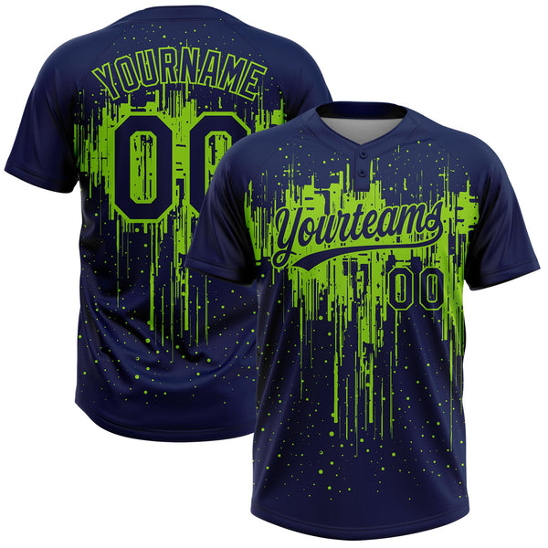 Custom Navy Neon Green Dripping Splatter Paint Two-Button Unisex Softball Jersey