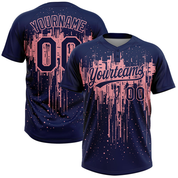 Custom Navy Medium Pink Dripping Splatter Paint Two-Button Unisex Softball Jersey