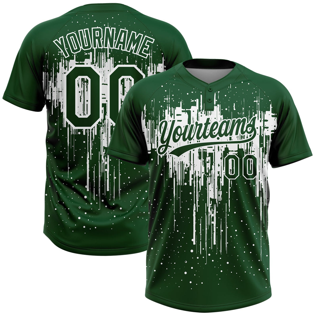 Custom Green White Dripping Splatter Paint Two-Button Unisex Softball Jersey