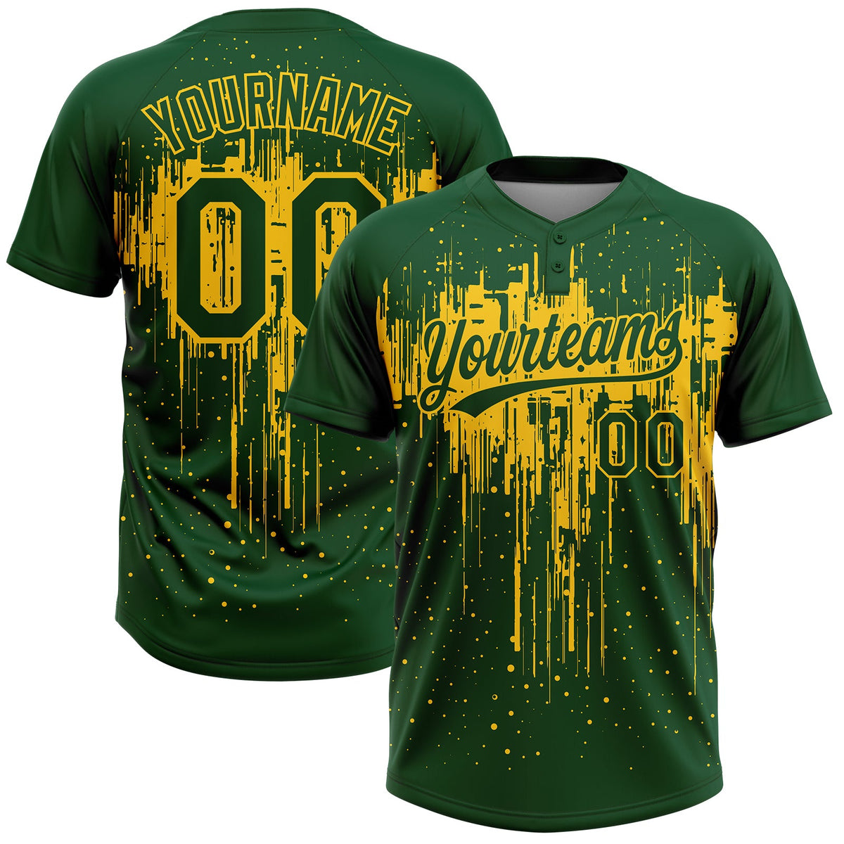 Custom Green Yellow Dripping Splatter Paint Two-Button Unisex Softball Jersey