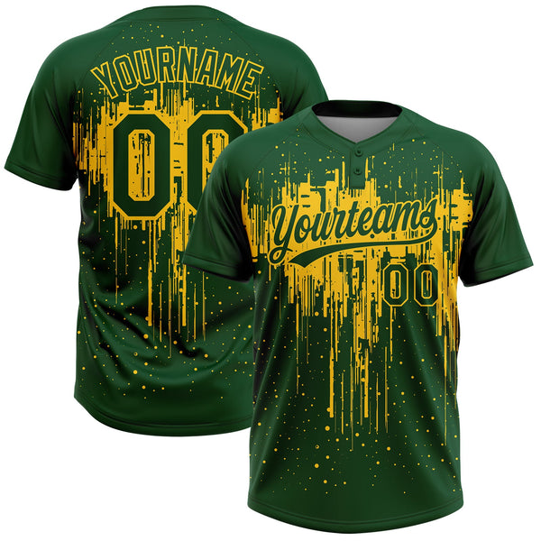 Custom Green Yellow Dripping Splatter Paint Two-Button Unisex Softball Jersey