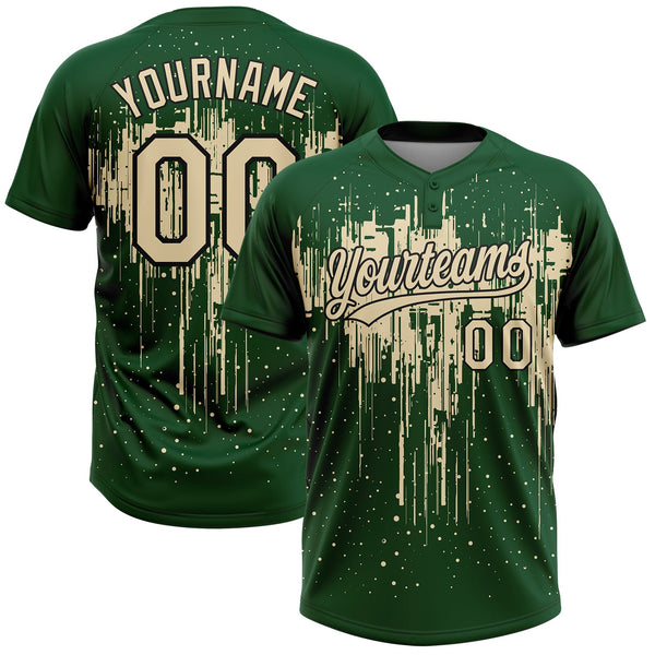 Custom Green Cream-Black Dripping Splatter Paint Two-Button Unisex Softball Jersey