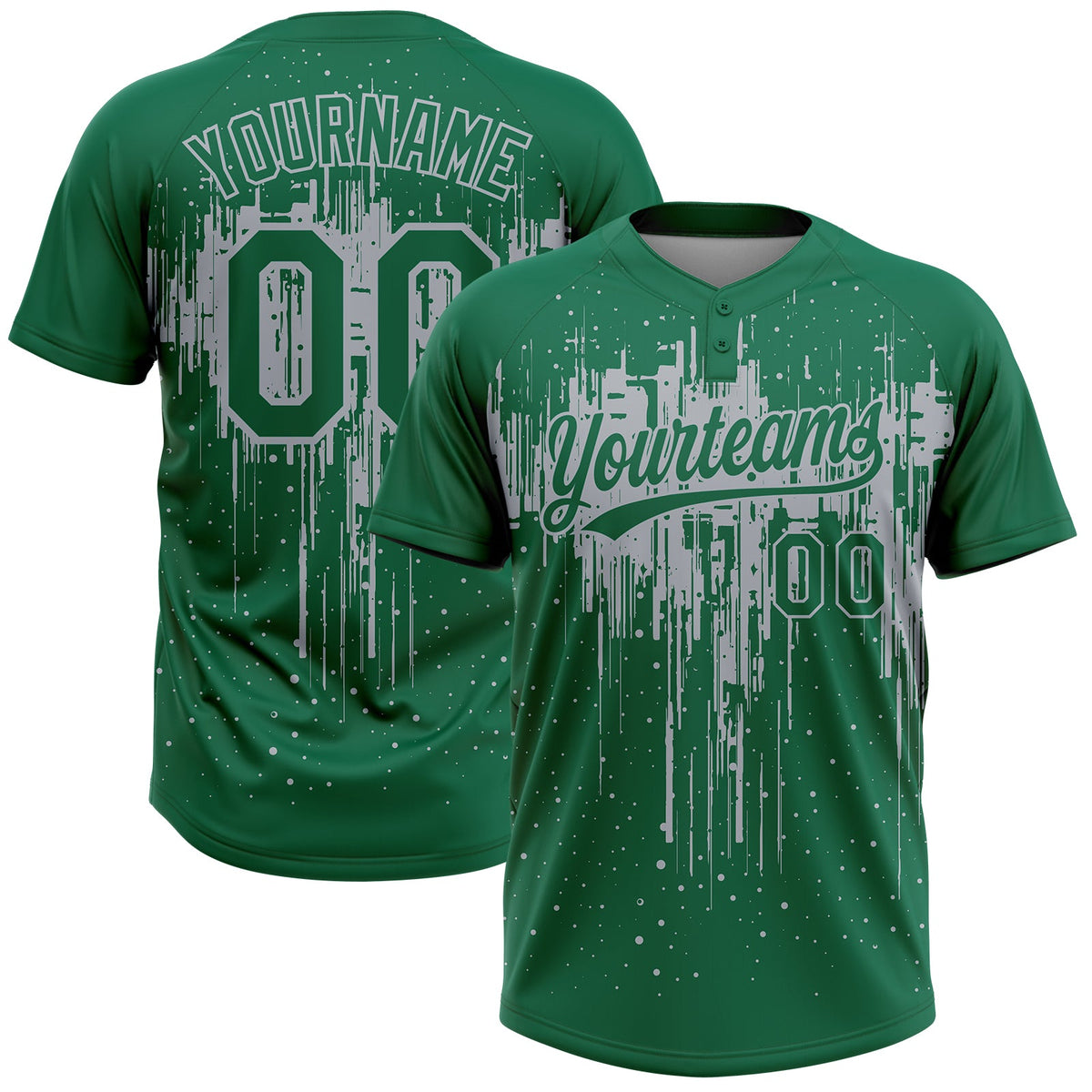 Custom Kelly Green Gray Dripping Splatter Paint Two-Button Unisex Softball Jersey