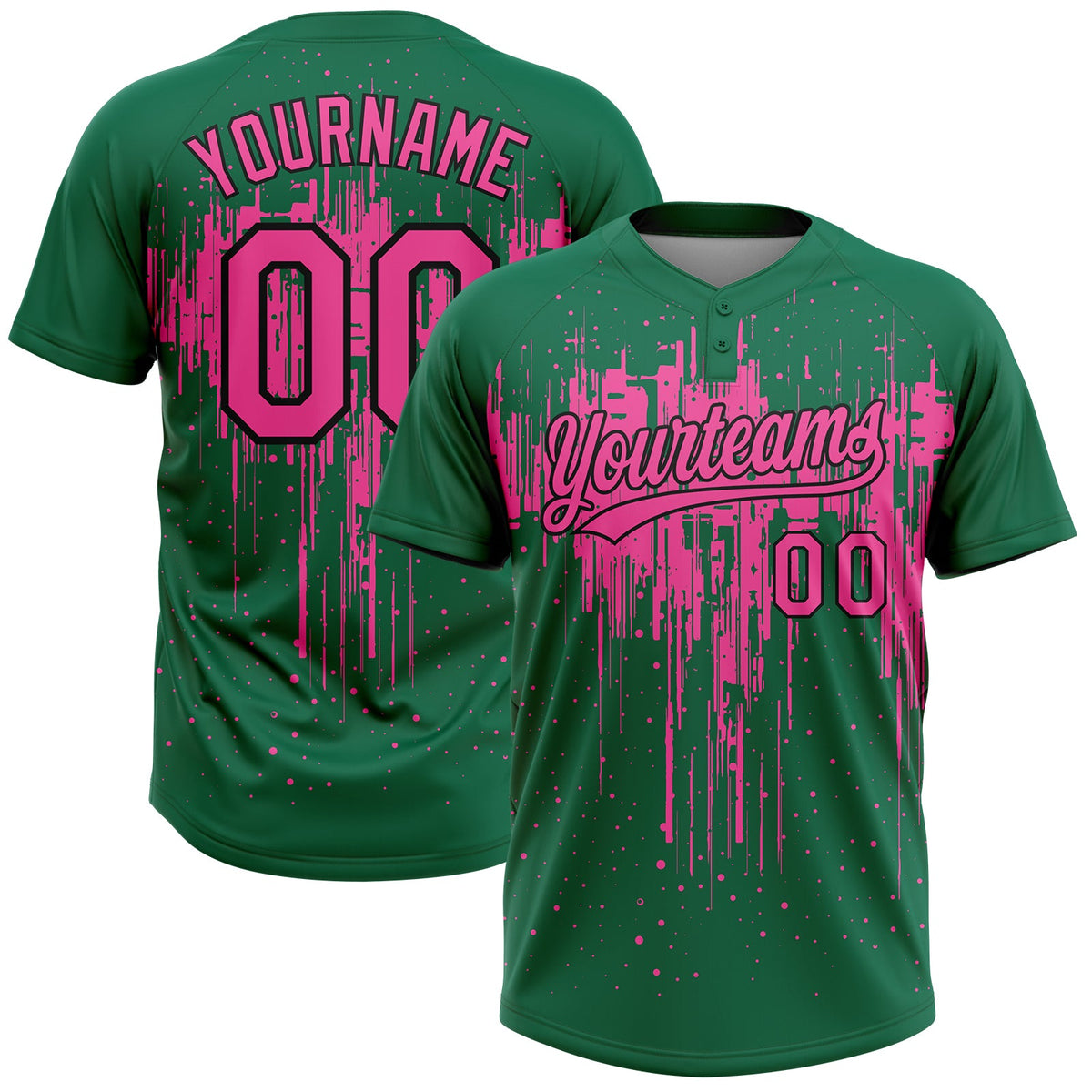 Custom Kelly Green Pink-Black Dripping Splatter Paint Two-Button Unisex Softball Jersey