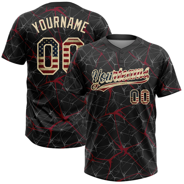 Custom Black Vintage USA Flag Crimson-Cream  Abstract Network Two-Button Unisex Softball Jersey