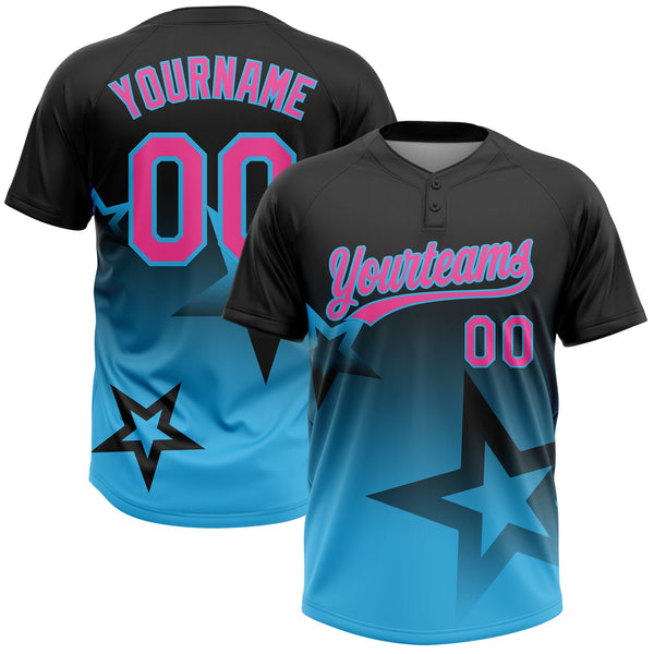 Custom Black Pink-Sky Blue Gradient Style Twinkle Star Two-Button Unisex Softball Jersey