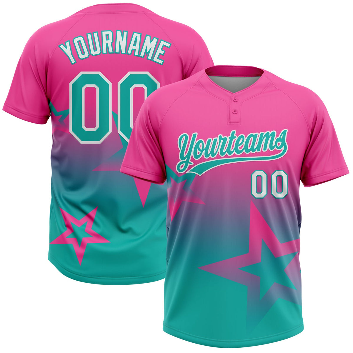 Custom Pink Aqua-White Gradient Style Twinkle Star Two-Button Unisex Softball Jersey