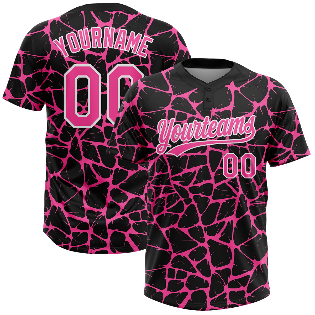 Custom Black Pink-White Abstract Network Crackle Two-Button Unisex Softball Jersey