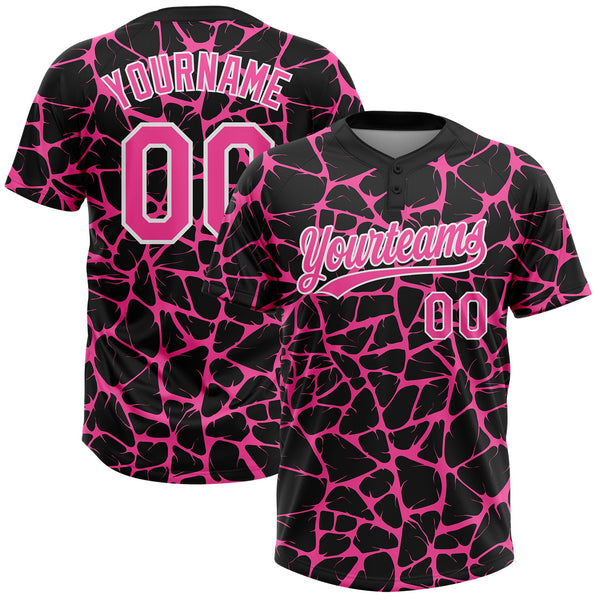 Custom Black Pink-White Abstract Network Crackle Two-Button Unisex Softball Jersey