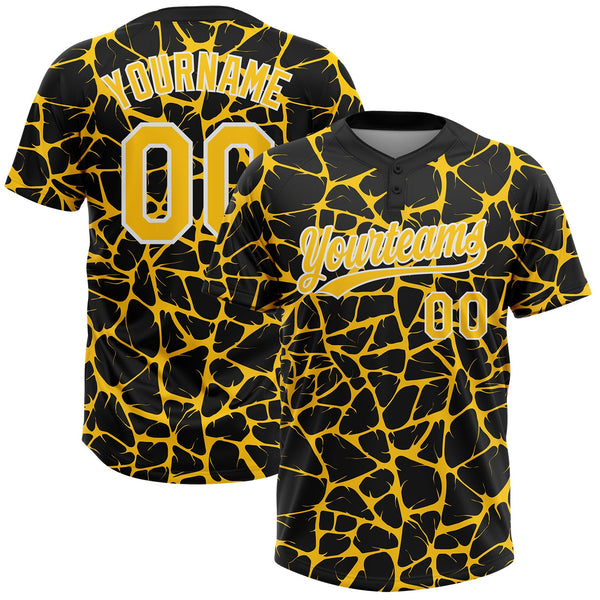Custom Black Yellow-White Abstract Network Crackle Two-Button Unisex Softball Jersey