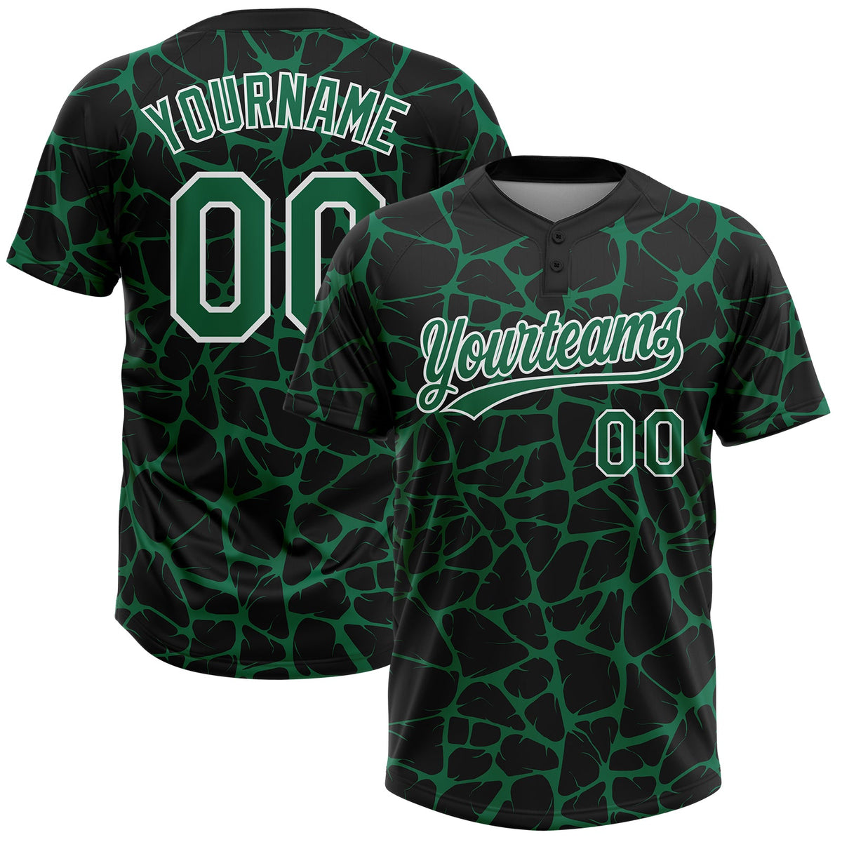 Custom Black Kelly Green-White Abstract Network Crackle Two-Button Unisex Softball Jersey