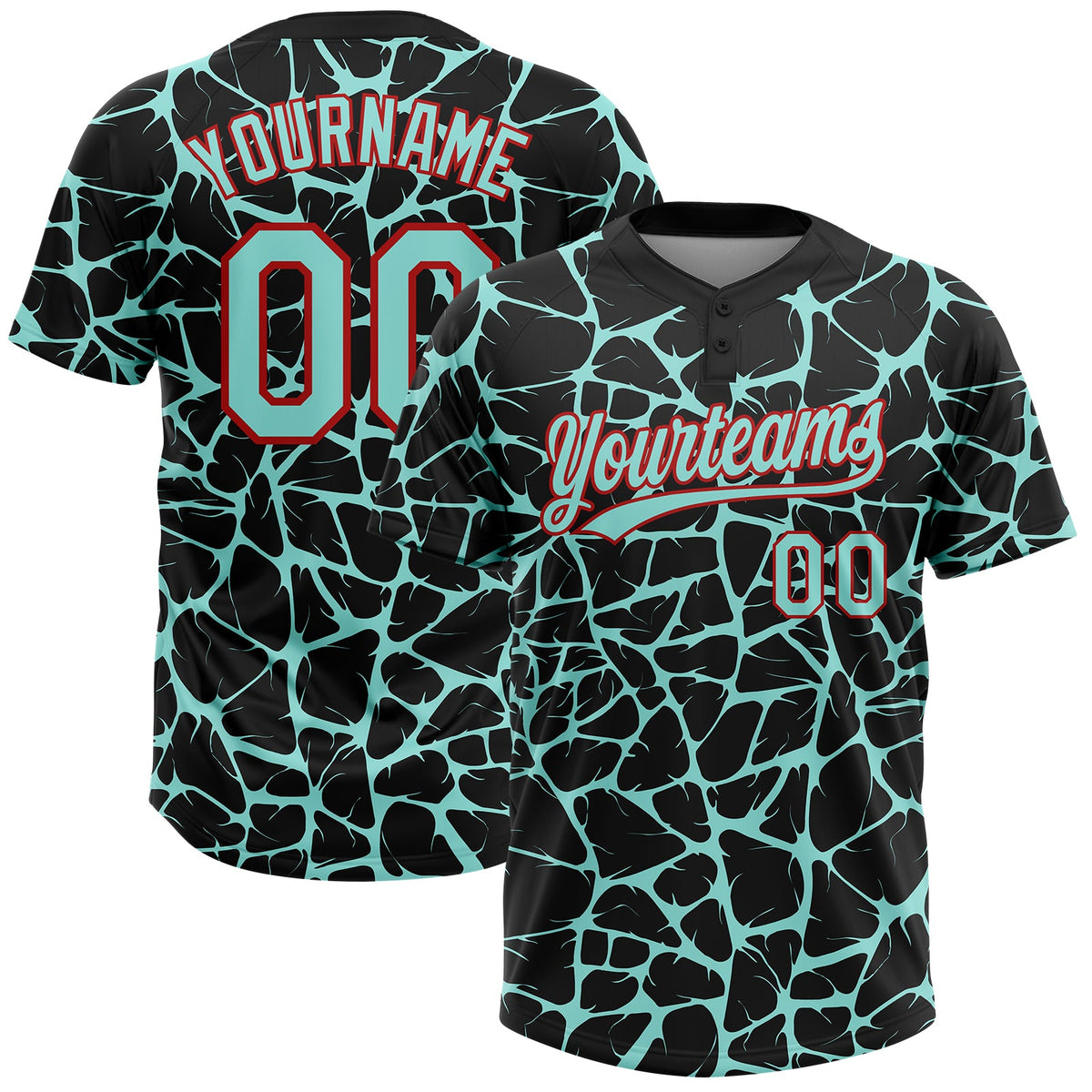 Custom Black Ice Blue-Red Abstract Network Crackle Two-Button Unisex Softball Jersey
