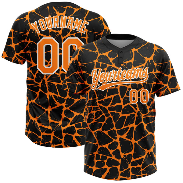 Custom Black Bay Orange-White Abstract Network Crackle Two-Button Unisex Softball Jersey