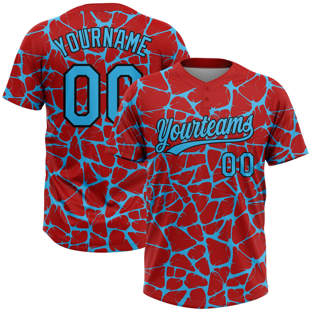 Custom Red Sky Blue-Black Abstract Network Crackle Two-Button Unisex Softball Jersey