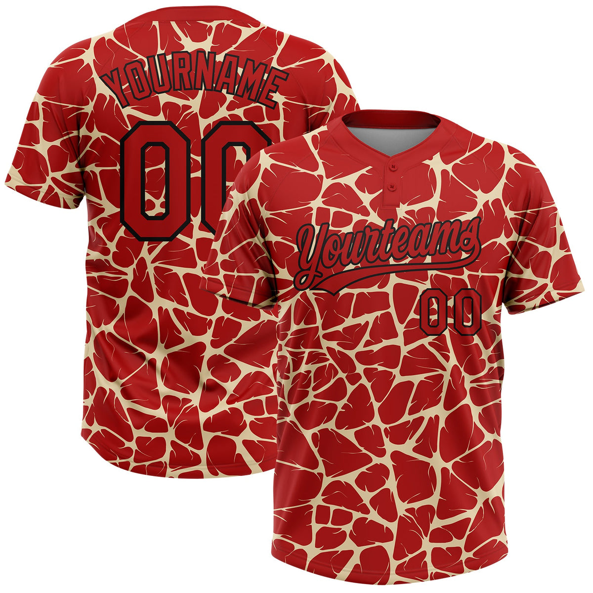Custom Red Cream-Black Abstract Network Crackle Two-Button Unisex Softball Jersey