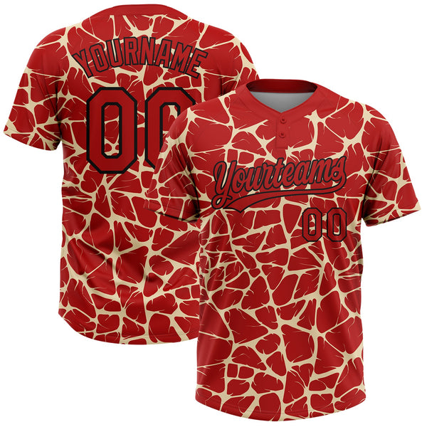 Custom Red Cream-Black Abstract Network Crackle Two-Button Unisex Softball Jersey