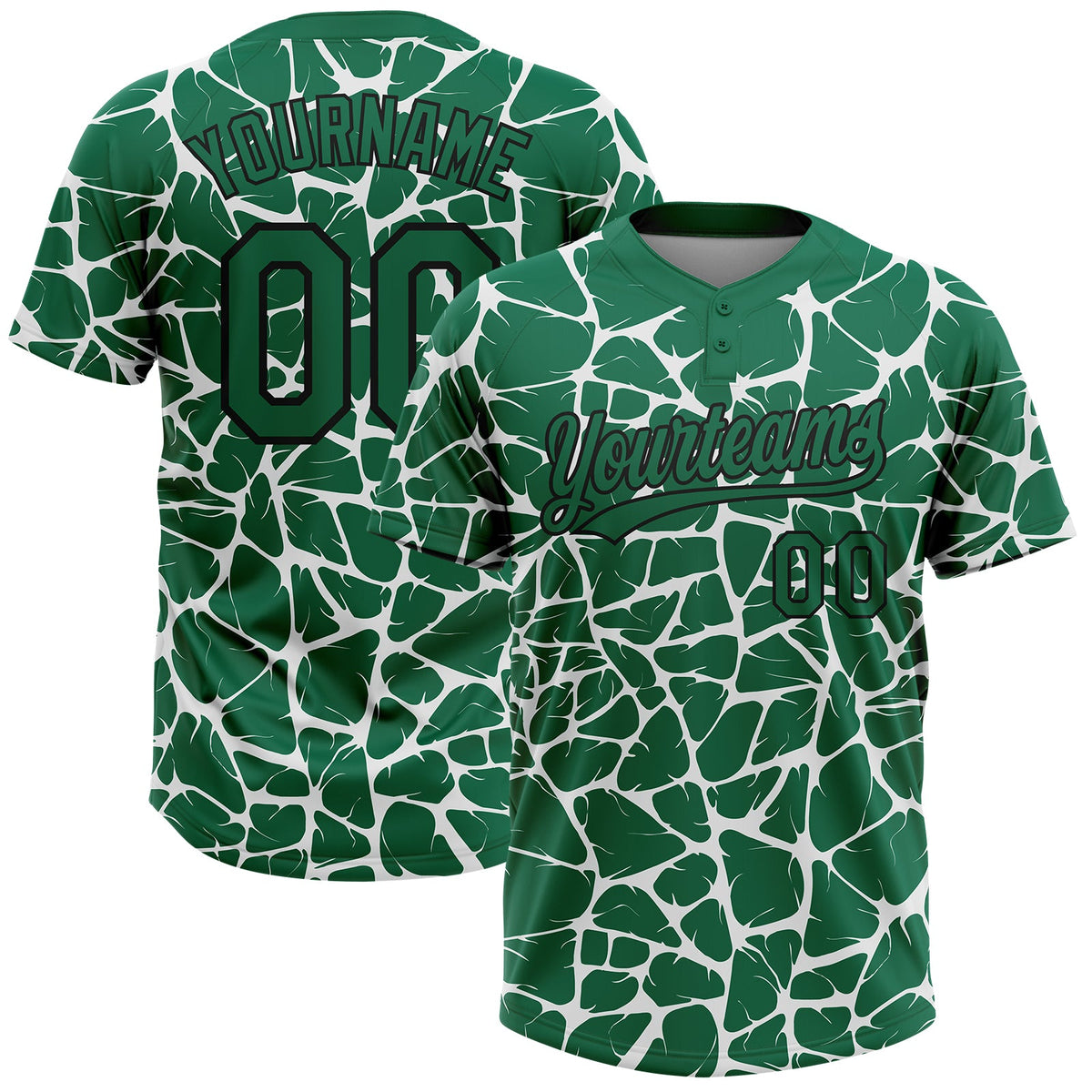 Custom Kelly Green Black-White Abstract Network Crackle Two-Button Unisex Softball Jersey