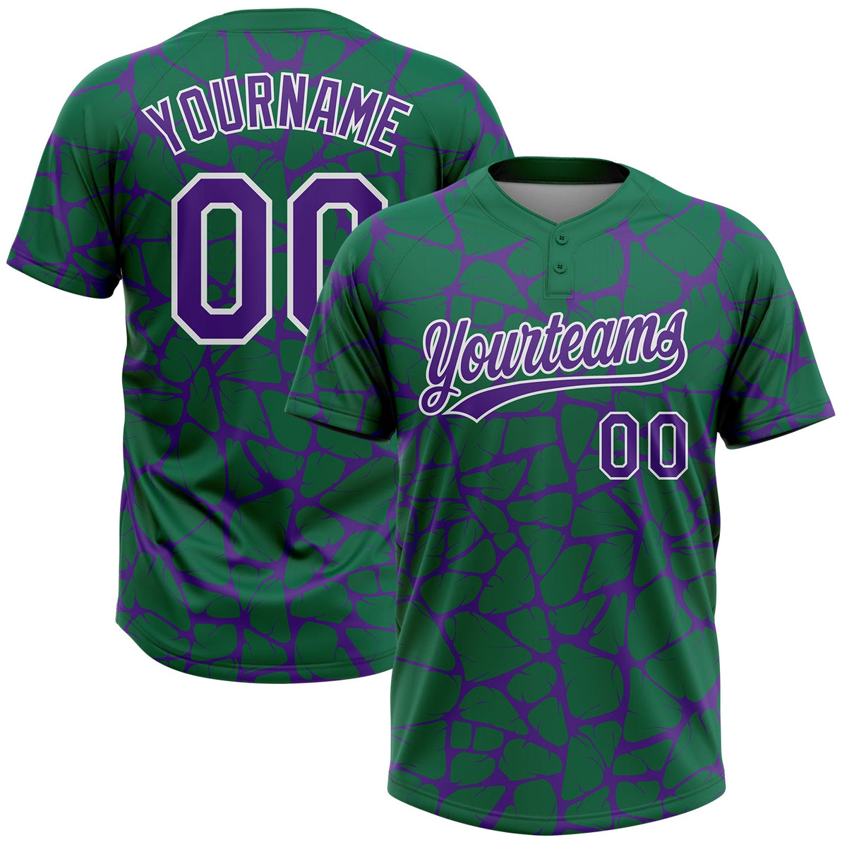 Custom Kelly Green Purple-White Abstract Network Crackle Two-Button Unisex Softball Jersey