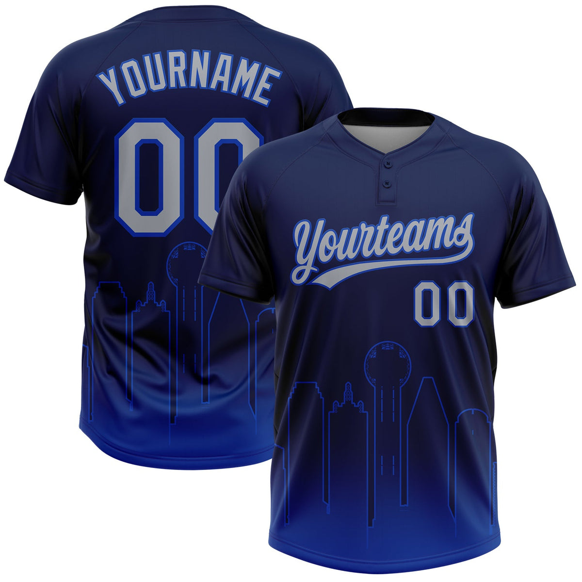 Custom Navy Gray-Thunder Blue Dallas City Edition Gradient Two-Button Unisex Softball Jersey