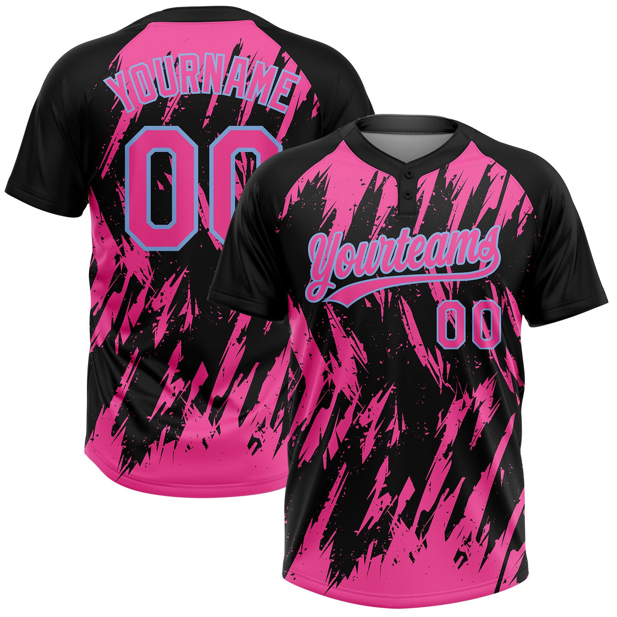 Custom Black Pink-Light Blue Splatter Torn Sharp Brush Stroke Two-Button Unisex Softball Jersey