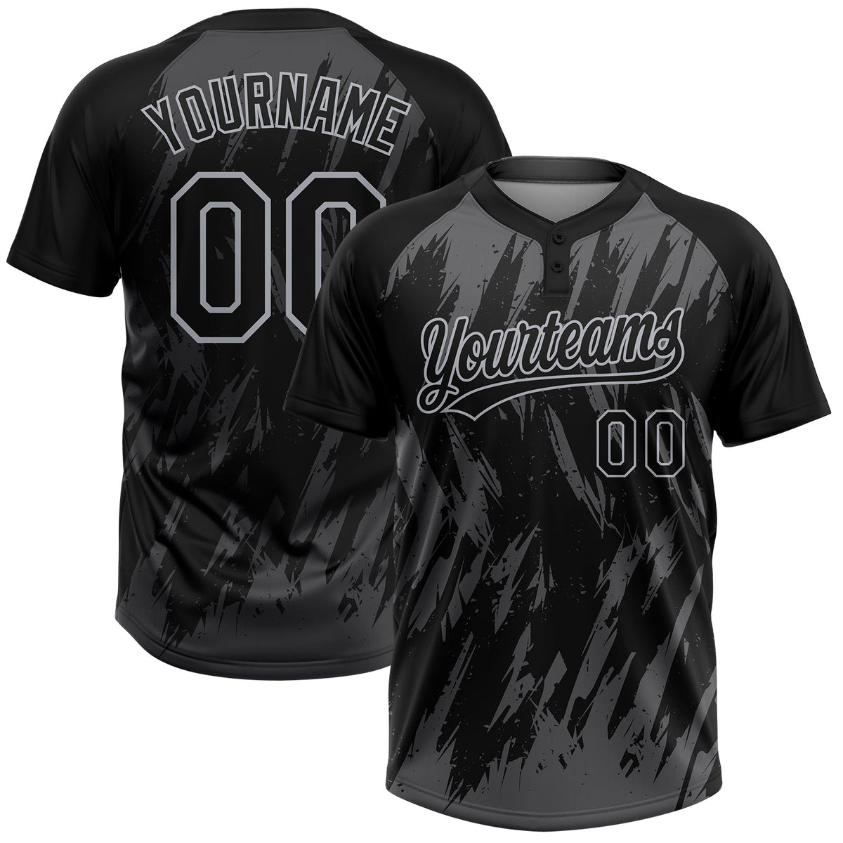 Custom Black Steel Gray-Gray Splatter Torn Sharp Brush Stroke Two-Button Unisex Softball Jersey