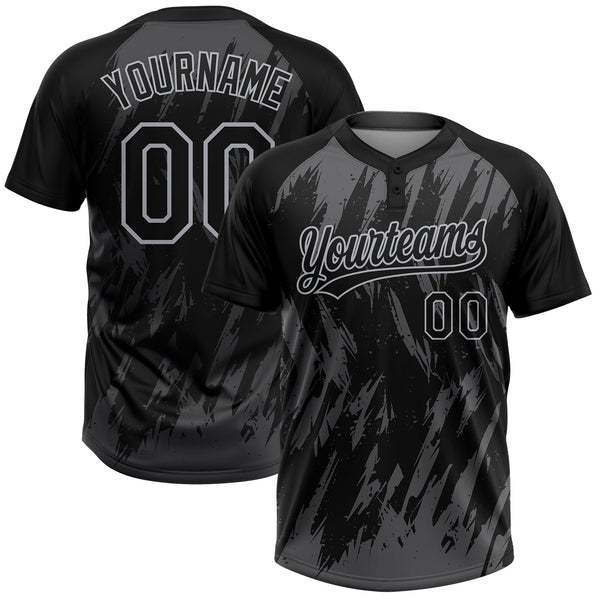 Custom Black Steel Gray-Gray Splatter Torn Sharp Brush Stroke Two-Button Unisex Softball Jersey