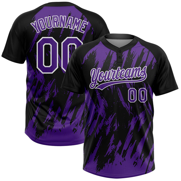 Custom Black Purple-White Splatter Torn Sharp Brush Stroke Two-Button Unisex Softball Jersey