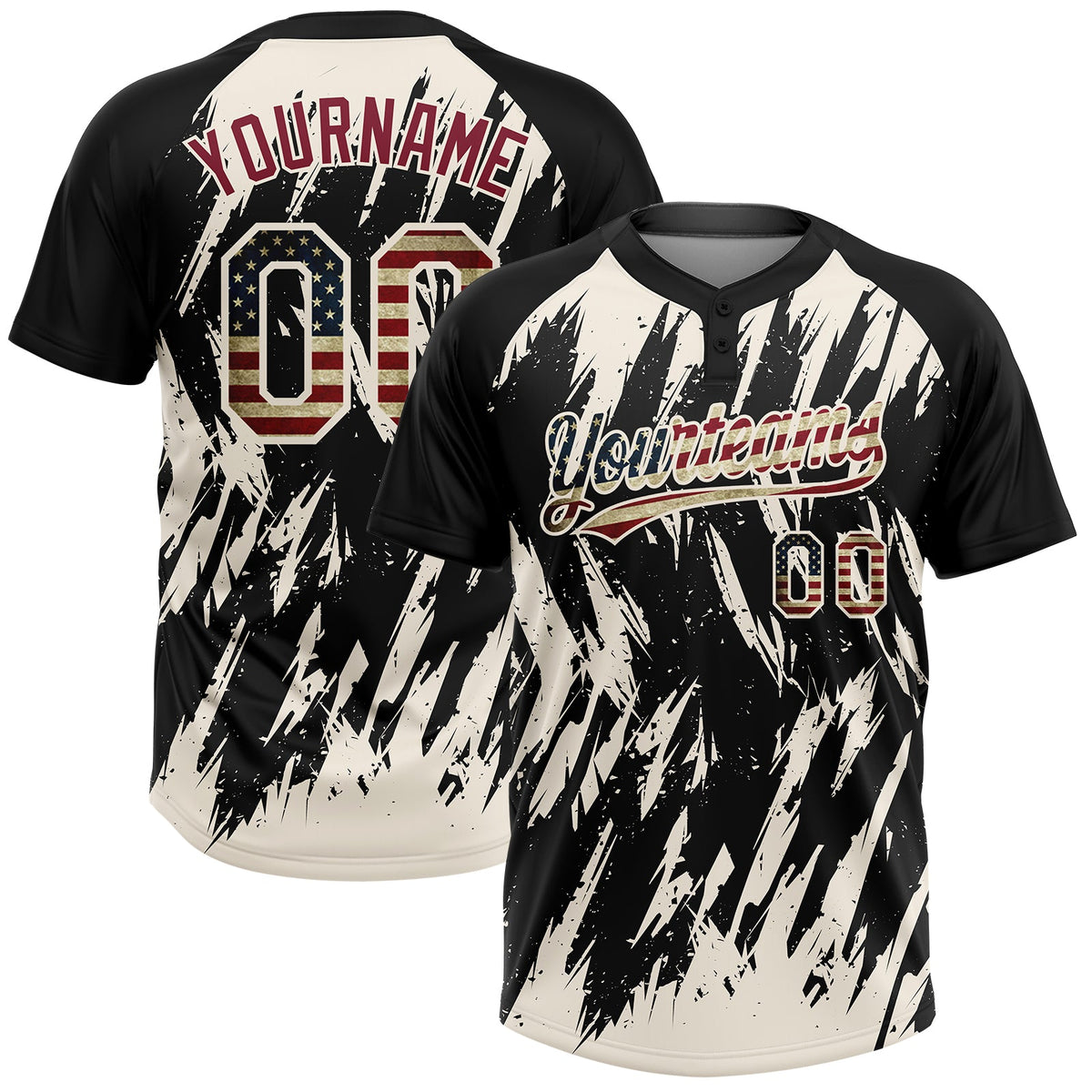 Custom Black Vintage USA Flag-Cream Splatter Torn Sharp Brush Stroke Two-Button Unisex Softball Jersey