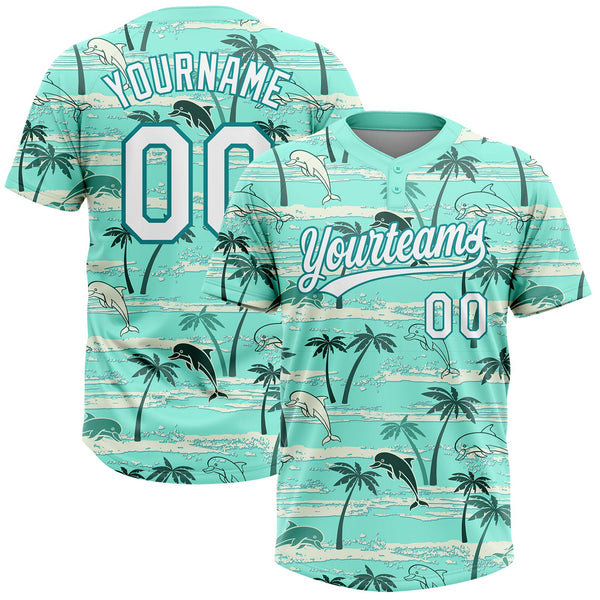 Custom Teal White Hawaii Palm Trees And Dolphin Two-Button Unisex Softball Jersey
